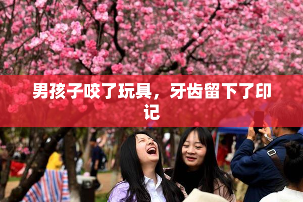 男孩子咬了玩具，牙齿留下了印记
